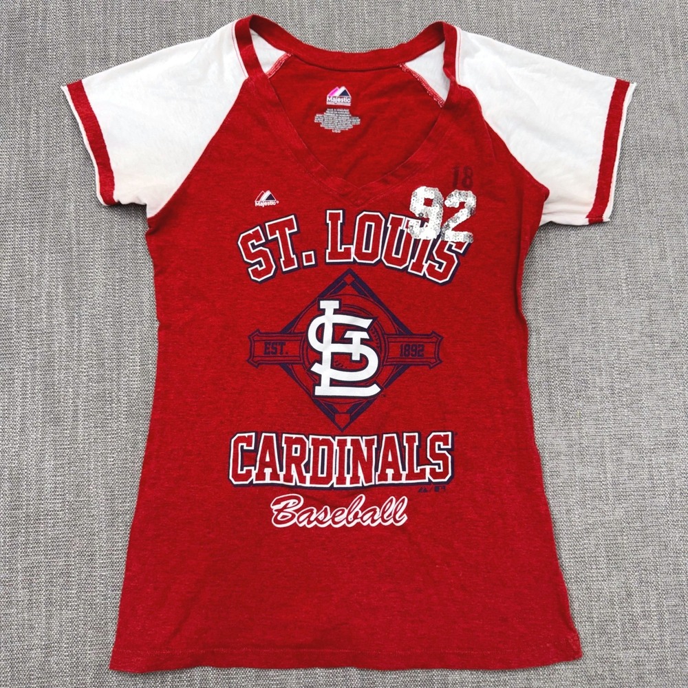 Majestic St. Louis Cardinals Red White V-Neck Raglan Sequin T-Shirt Womens L